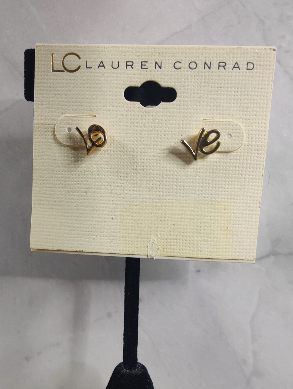 LC Lauren Conrad “Love” Script Gold Stud Earrings Minimalist Romantic NWT
